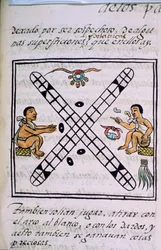 Ms Palat. 218-220 Buch IX Aztekische Männer spielen Patoli, aus dem 